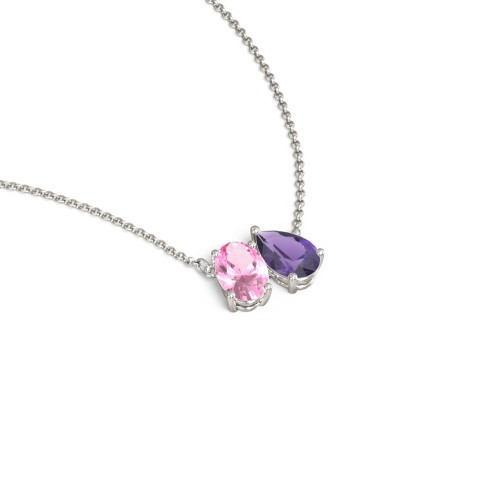Toi et Moi Oval and Pear Gemstone Necklace – 10K White Gold with Pink Tourmaline and Amethyst