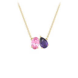 Toi et Moi Oval and Pear Gemstone Necklace in 10K Solid Yellow Gold with Pink Tourmaline and Amethyst