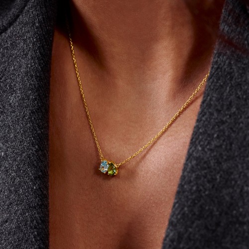 Toi et Moi Oval and Pear Gemstone Necklace – 10K Yellow Gold with Pink Tourmaline and Amethyst