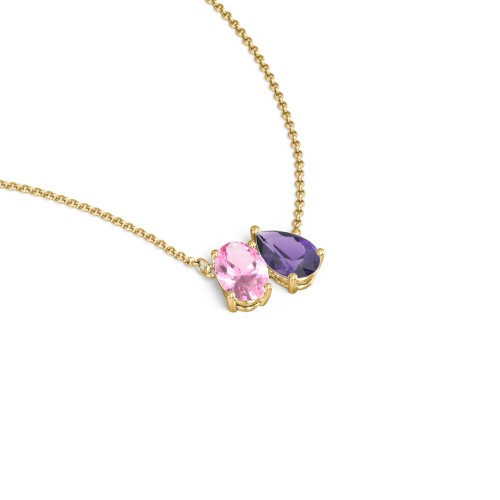Toi et Moi Oval and Pear Gemstone Necklace – 10K Yellow Gold with Pink Tourmaline and Amethyst