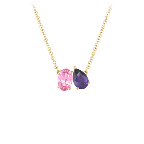 Toi et Moi Oval and Pear Gemstone Necklace – 10K Yellow Gold with Pink Tourmaline and Amethyst