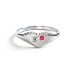 Initial Heart Signet Ring with Gemstone – Sterling Silver with Ruby