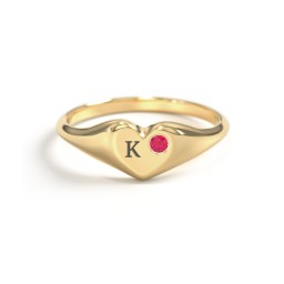 Initial Heart Signet Ring with Gemstone in Vermeil with Ruby