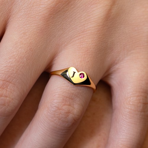 Initial Heart Signet Ring with Gemstone – Vermeil with Ruby