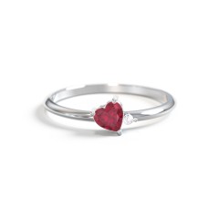 Dainty Diagonal Gemstone Heart Ring with Accent – 18K Gold Plated Silver with Ruby and Cubic Zirconia