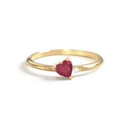 Dainty Diagonal Gemstone Heart Ring with Accent in 18K Gold Plated Silver with Ruby and Cubic Zirconia