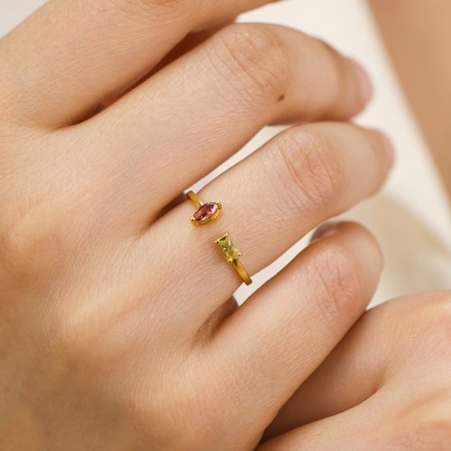 Baguette & Marquise Gemstone Open Cuff Ring – 18K Gold Plated Silver with Ruby and Blue Topaz