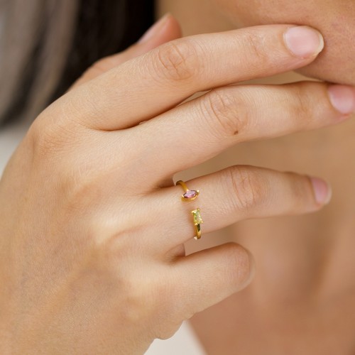 Baguette & Marquise Gemstone Open Cuff Ring – 18K Gold Plated Silver with Ruby and Blue Topaz