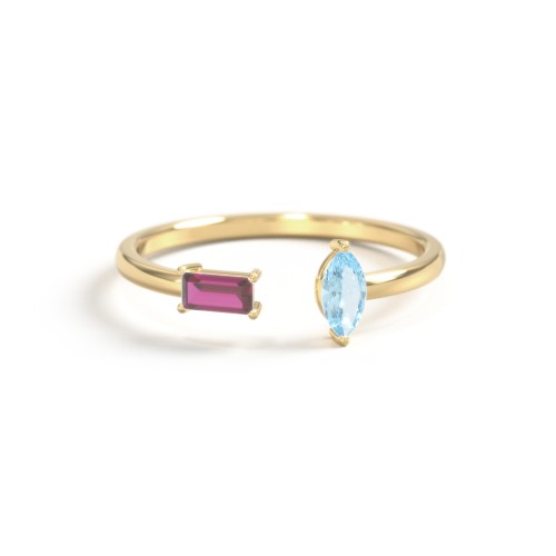 Baguette & Marquise Gemstone Open Cuff Ring – 18K Gold Plated Silver with Ruby and Blue Topaz