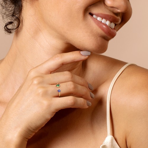 Heart & Pear Gemstone Open Cuff Ring – 18K Gold Plated Silver with Pink Tourmaline and Emerald