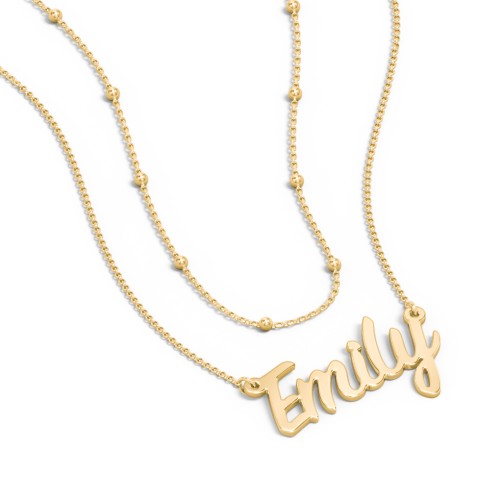 Personalized Name Necklace Layering Set with Ball Station Chain – 18K Gold Plated Silver