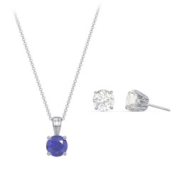 Solitaire Birthstone Necklace and Earrings Set in 925 Sterling Silver with Blue Sapphire and Cubic Zirconia