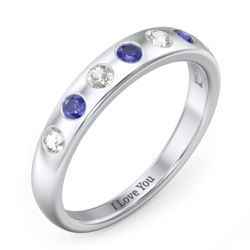 Flush Set Gemstone Belt Ring – 10K White Gold with Cubic Zirconia and Blue Sapphire