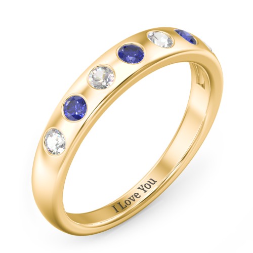 Flush Set Gemstone Belt Ring – 10K Yellow Gold with Cubic Zirconia and Blue Sapphire