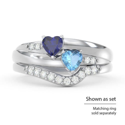 Double Heart Gemstone Ring with Accents – Sterling Silver with Cubic Zirconia and Blue Topaz