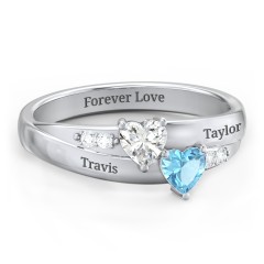 Double Heart Gemstone Ring with Accents – 10K Yellow Gold with Cubic Zirconia and Blue Topaz