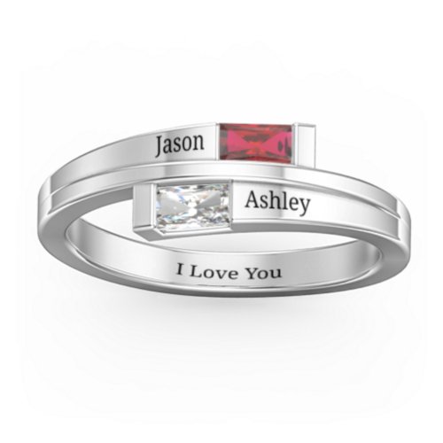 Double Baguette Bypass Ring – 10K White Gold with Garnet and Cubic Zirconia