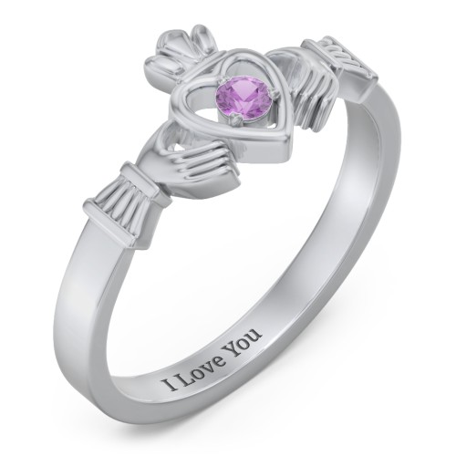 Round Stone Claddagh Ring – Sterling Silver with Amethyst