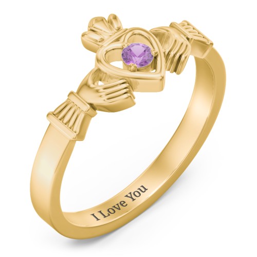 Round Stone Claddagh Ring – 18K Gold Plated Silver with Amethyst