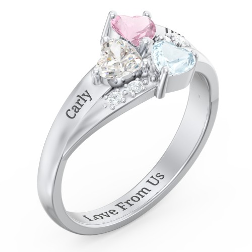Heart Cluster Ring with Accents – Sterling Silver with Pink Tourmaline, Cubic Zirconia, and Aquamarine