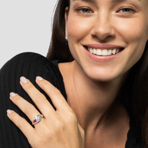 Heart Cluster Ring with Accents – 10K White Gold with Pink Tourmaline, Cubic Zirconia, and Aquamarine
