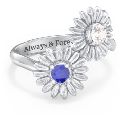 Sunflower Birthstone Bypass Ring – Sterling Silver with Cubic Zirconia and Blue Sapphire