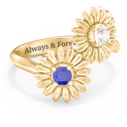 Sunflower Birthstone Bypass Ring in 10K Solid Yellow Gold with Cubic Zirconia and Blue Sapphire