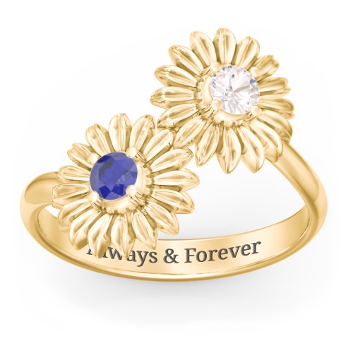 Sunflower Birthstone Bypass Ring – 10K Yellow Gold with Cubic Zirconia and Blue Sapphire