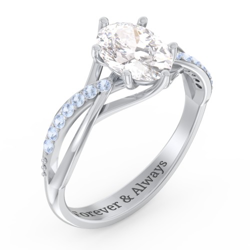Oval Cut Gemstone Ring with Twisted Band and Accents – Sterling Silver with White Premium Zirconia and Fancy Blue Premium Zirconia