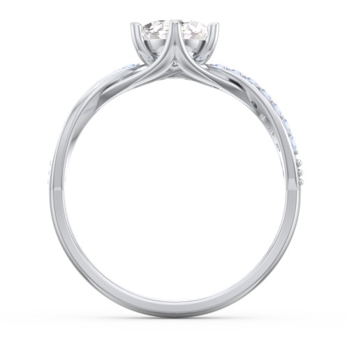 Oval Cut Gemstone Ring with Twisted Band and Accents – Sterling Silver with White Premium Zirconia and Fancy Blue Premium Zirconia