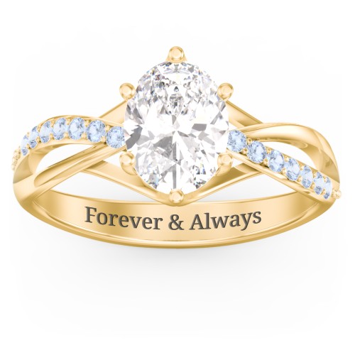 Oval Cut Gemstone Ring with Twisted Band and Accents – 10K Yellow Gold with White Premium Zirconia and Fancy Blue Premium Zirconia