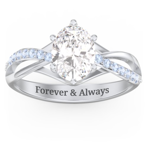 Oval Cut Gemstone Ring with Twisted Band and Accents – Sterling Silver with White Premium Zirconia and Fancy Blue Premium Zirconia
