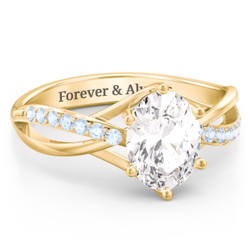 Oval Cut Gemstone Ring with Twisted Band and Accents – 10K Yellow Gold with White Premium Zirconia and Fancy Blue Premium Zirconia