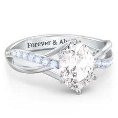 Oval Cut Gemstone Ring with Twisted Band and Accents – Sterling Silver with White Premium Zirconia and Fancy Blue Premium Zirconia