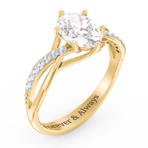 Oval Cut Gemstone Ring with Twisted Band and Accents – 10K Yellow Gold with White Premium Zirconia and Fancy Blue Premium Zirconia