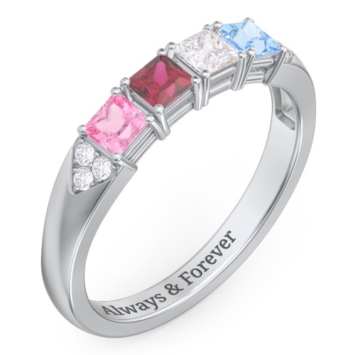 Classic 2-7 Princess Cut Ring with Accents – Sterling Silver with Cubic Zirconia, Pink Tourmaline, Ruby, and Blue Topaz