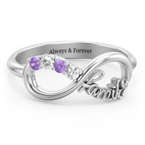 Family Infinite Love with Stones Ring – 10K White Gold with Cubic Zirconia and Amethyst
