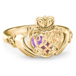 Caged Hearts Celtic Claddagh Ring in 10K Solid Yellow Gold with Garnet, Citrine, and Amethyst