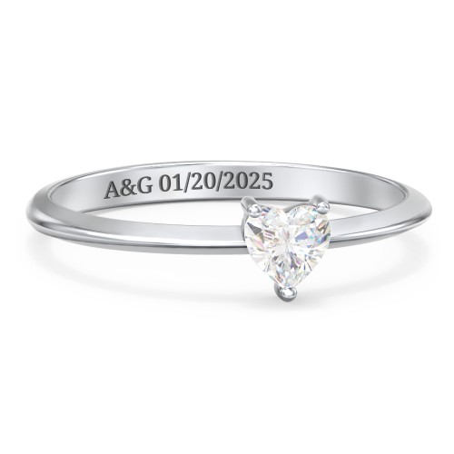 Solitaire Heart Gemstone Ring with Tapered Knife Edge Band – Sterling Silver with Cubic Zirconia