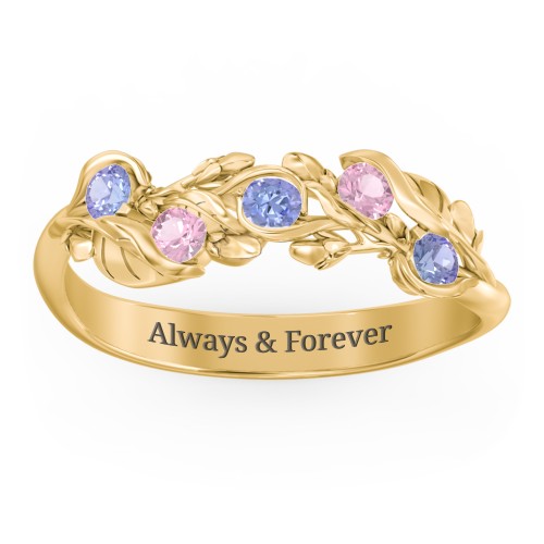 Organic Leaf Five Stone Family Ring – 10K Yellow Gold with Tanzanite and Pink Tourmaline