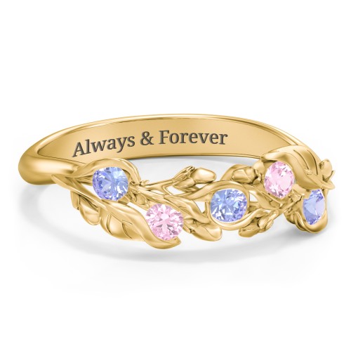 Organic Leaf Five Stone Family Ring – 10K Yellow Gold with Tanzanite and Pink Tourmaline