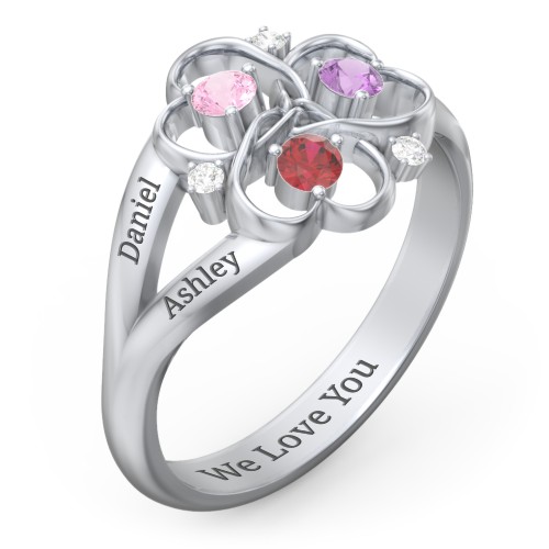 Engravable Intertwined Triple Heart Ring with Gemstones