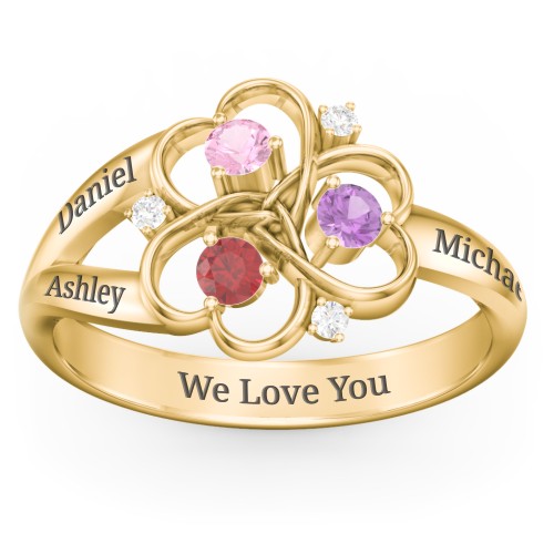 Engravable Intertwined Triple Heart Ring with Gemstones