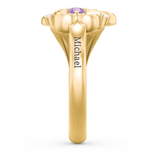 Engravable Intertwined Triple Heart Ring with Gemstones – 10K Yellow Gold with Pink Tourmaline, Garnet, Amethyst, and White Premium Zirconia