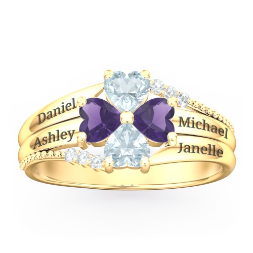 A Mother's Love and Luck Ring – 10K Yellow Gold with Aquamarine, Amethyst, and White Premium Zirconia