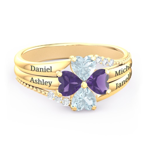 A Mother's Love and Luck Ring – 10K Yellow Gold with Aquamarine, Amethyst, and White Premium Zirconia