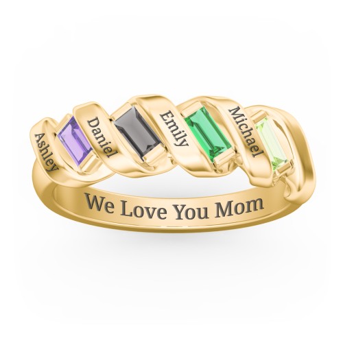 Spiral Baguette Ring – 10K Yellow Gold with Amethyst, Smokey Quartz, Emerald, and Peridot