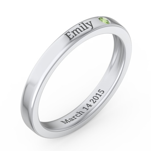 Stackable Birthstone Ring with Engraving – 10K White Gold with Green Sapphire