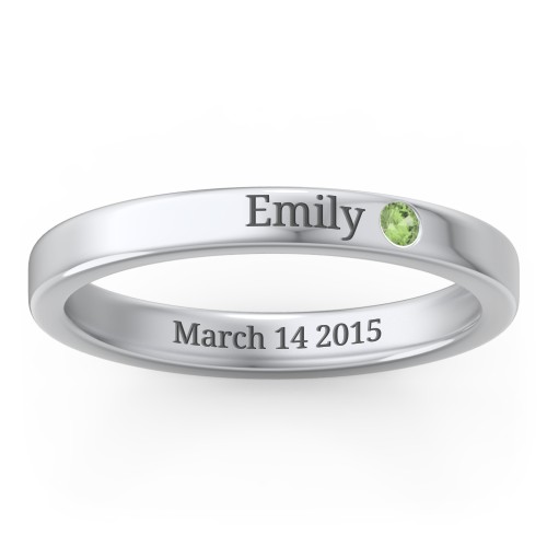 Stackable Birthstone Ring with Engraving – 10K White Gold with Green Sapphire