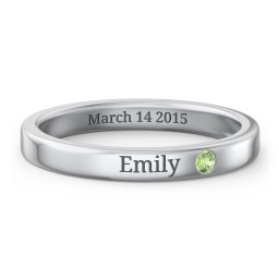 Stackable Birthstone Ring with Engraving in 10K Solid White Gold with Green Sapphire